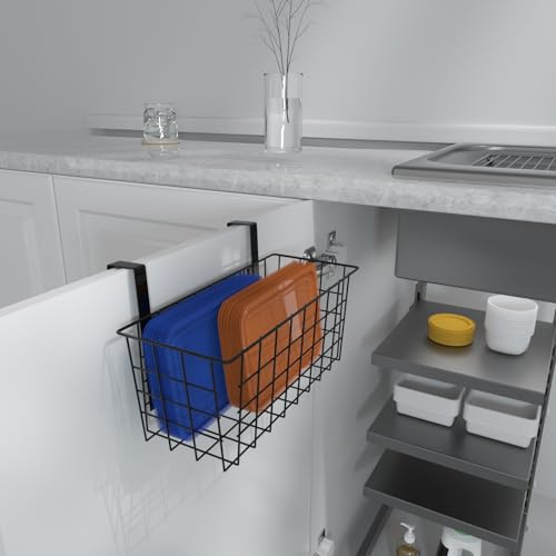 Basket with Hook, Grid Storage Basket, Over the Cabinet Door Organizer, Wire Hanging Basket with Hook Over the Railing, Under Sink Kitchen Cabinet, Pantry, Bathroom, Black, 2 Pack