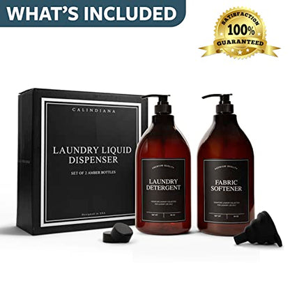 Calindiana Modern Farmhouse Liquid Laundry Detergent and Fabric Softener Dispenser for Laundry Room Decor and Organization, PET Plastic Landry Soap Containers with Water Resistant Labels, Amber 64oz
