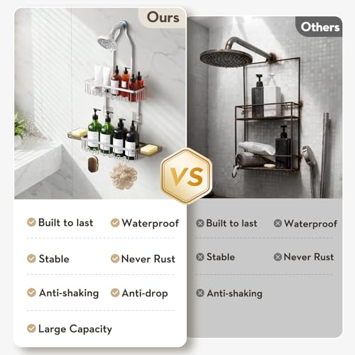 Shower Caddy Hanging, Never Rust Shower Organizer Hanging, Aluminum Shower Racks for Inside Shower with Hooks for Razor, Bathroom Organizers and Storage with Soap Holder, Bright Silver