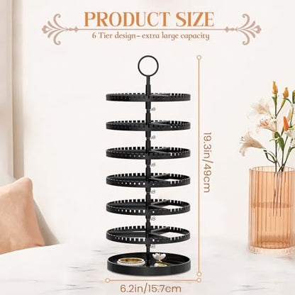 iDavosic.ly 6 Tier Rotating Earring Holder Organizer, Metal Tray, Black | Space Saving Display Stand Tree, Large Capacity Storage Rack with 342 Plastic Grooves, Adjustable for Long Dangle Hoop & Stud