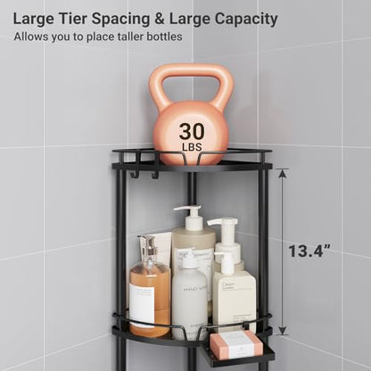 Corner Shower Caddy Standing, 3 Tier Metal Shower Organizer, Black | Stainless Steel Shower Shelves with Soap Holder, Adjustable Feet & 2 Hooks for Storing Bath Essentials in Bathroom corner