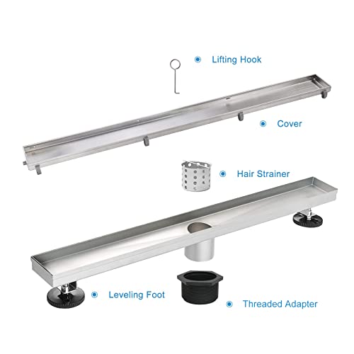 24"Linear Shower Drain Brushed Silver Drain with Tile Insert Grate | AISI 304 Stainless Steel Fast Drainage Rectangle Hidden Shower Trench,Detachable Hair Catcher Easy to install,Leveling Feet