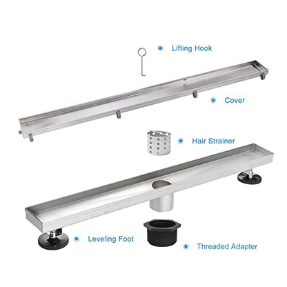 24"Linear Shower Drain Brushed Silver Drain with Tile Insert Grate | AISI 304 Stainless Steel Fast Drainage Rectangle Hidden Shower Trench,Detachable Hair Catcher Easy to install,Leveling Feet