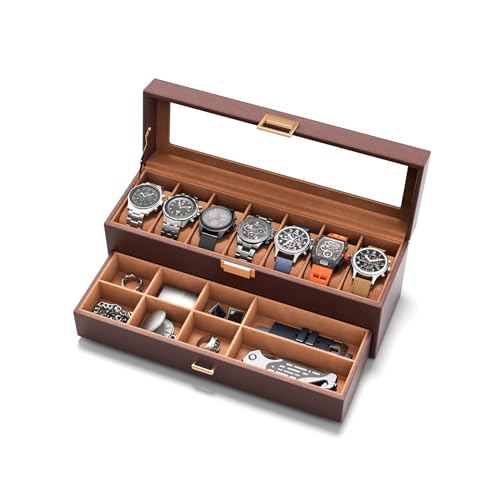 Watch Cases Box for Men 7 Slots Display Case with Jewelry Bottom | Watches Storage Organizer 2 Layer Pu Leather Collection Holder Gift for Dad Husband with Real Glass Lid Brown