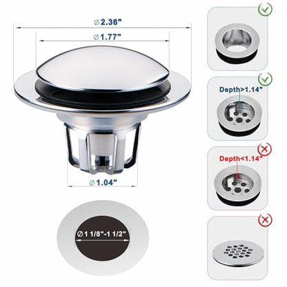 WELSAN Chrome Plated Bathroom Sink Drain Stopper 1 1/8"-1 1/2" Bath Drain | Bathroom Sink Stopper Replacement, Universal Pop-Up Drain Stopper Plug Strainer with Hair Catcher, Anti-Clogging Design