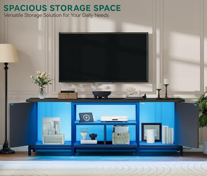YITAHOME Farmhouse TV Stand with LED Lights & Charging Station, Black | Entertainment Center with Storage Cabinets & Shelves, Cross-Pattern Doors, Fits TVs up to 70'', TV Consoles for Living Room