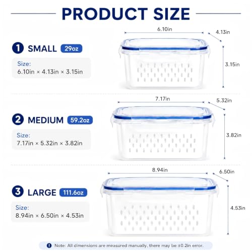 3 Pcs Fruit Storage Containers for Fridge, Produce Storage Containers with Removable Colander Basket & Airtight Lid, BPA-free food storage containers, for Fruits, Vegetables & Meat