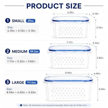 3 Pcs Fruit Storage Containers for Fridge, Produce Storage Containers with Removable Colander Basket & Airtight Lid, BPA-free food storage containers, for Fruits, Vegetables & Meat