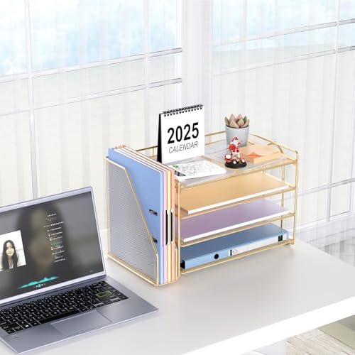 gianotter 4-Tier Paper Organizer With Magazine Holder | Desk Organizers and Accessories, File Organizer for Office Supplies Storag (Gold, 4-Tier)