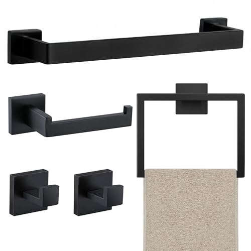 JOPOFI 5 Piece Towel Bar Set - 15.7Inch Bathroom Towel Holder - Matte Black | Stainless Steel Towel Racks for Bathroom Wall Mounted, Towel Rod for Bathroom Wall