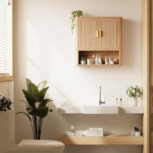 Bathroom Wall Storage Cabinet, Medicine Cabinet with Adjustable Wood Shelf & Doors, Over the Toilet Storage Cabinet for Laundry Room & Living Room Kitchen Storage Islands (Natural Oak)