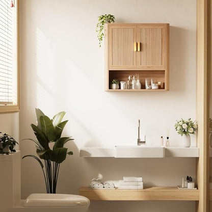 Bathroom Wall Storage Cabinet, Medicine Cabinet with Adjustable Wood Shelf & Doors, Over the Toilet Storage Cabinet for Laundry Room & Living Room Kitchen Storage Islands (Natural Oak)