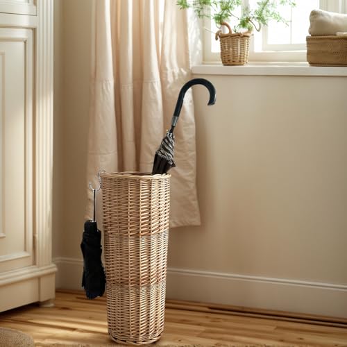 Natural Rattan Umbrella Stand for Entryway, 21.2H x 9.4L x 9.4W, Detachable Drip Tray & 2 Metal Hooks – Storage for Umbrellas, Canes & Walking Sticks, Stylish Home Decor