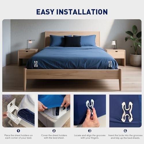 Bed Sheet Holders Lock for Corners - Bed Sheets Holder Heavy Duty in Place Set of 4 for All Mattress Sizes - Bed Sheet Mattress Holder Corner Keep Firm Tight (White)