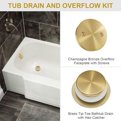 Champagne Bronze Bathtub Drain Kit with Overflow and Hair Catcher | Solid Brass Tip-Toe Tub Drain, with Two-Hole Overflow Cover, Universal Coarse/Fine Thread, for Bathroom Bath Tub, 11.5/16 UNC