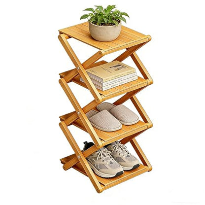 Bamboo Shoe Rack - No Assembly Required, Tall Narrow Foldable Shoe Organizer, Space-Saving Multifunctional Shelf for Entryways, Corners, Bedrooms, Balconies, 4 Layer(Reinforced and Thickened)