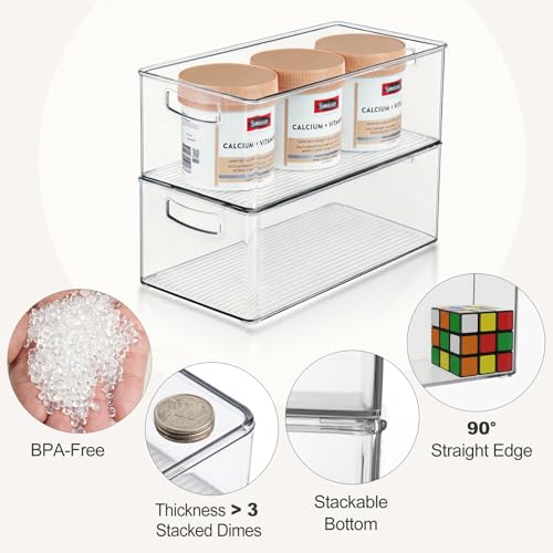 8 Pack Freezer Organizer Bins,Stackable,Clear Bins for Fridge,Pantry | Straight Side, 3 Sizes, 2 XL Storage Container, 3 Large Cabinet Organizer, 3 Medium Storage Drawer