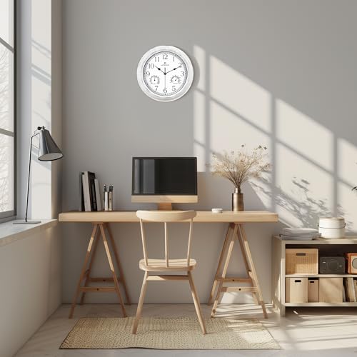 Lafocuse 12 Inch White Outdoor Wall Clocks with Temperature and Humidity | Waterproof Outdoor Clocks with Thermometer and Hygrometer Combo for Patio Porch Pool Outside Indoor Garage Bathroom Kitchen