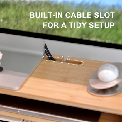 Bamboo Monitor Stand Riser with Drawer | Ergonomic Computer Riser for Desk with Cable Management & Storage Organizer, Wood Monitor Stand for Home Office