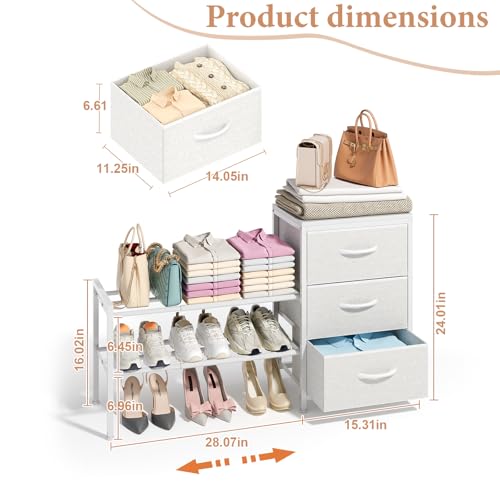 Expandable Closet Organizers and Storage, White Fabric Storage Dresser, 3 Drawer Dresser, Clothes Shelves for Kids, Purse Organizer Small Shoe Rack for Closet Bedroom(31.29~43.42 in)
