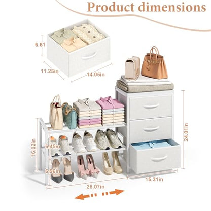 Expandable Closet Organizers and Storage, White Fabric Storage Dresser, 3 Drawer Dresser, Clothes Shelves for Kids, Purse Organizer Small Shoe Rack for Closet Bedroom(31.29~43.42 in)