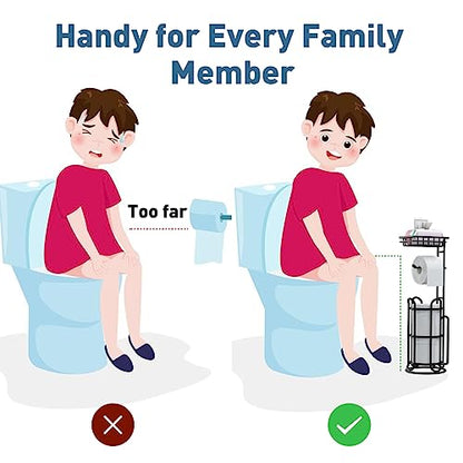 [Upgrade] Toilet Paper Holder Stand with Shelf Tissue Holders for Bathroom Free Standing Bath Tissue Roll Holder Magazine Rack for Mega Rolls/Phone/Wipe-Black