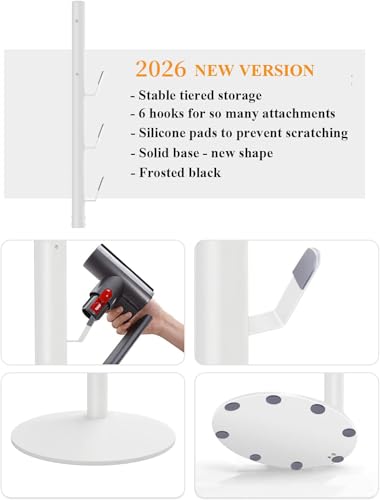 XIGOO Freestanding Vacuum Stand Holder with 6 Hooks | Floor Docking Station Metal Organizer Bracket, Compatible with V15 Detect, V11 V10 V8 V7 V6 Cordless Vacuum Cleaners, White