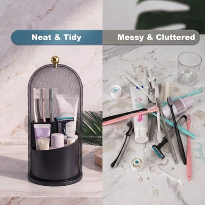 Toothbrush Holders with Sliding Lid, Rotating 3 Slots Bathroom Organizer Countertop, Tooth Brush Toothpaste Holder Bathroom Counter Stand Caddy for Vanity Makeup Brushes Holder (Black)