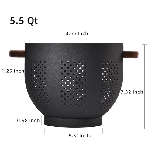 Metal Colander with Wood Handle and Stable Base, Powder Coated Steel Kitchen Strainer Basket for Draining Pasta, Vegetable and fruit(5.5quart,Matte Black)