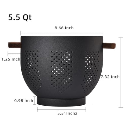 Metal Colander with Wood Handle and Stable Base, Powder Coated Steel Kitchen Strainer Basket for Draining Pasta, Vegetable and fruit(5.5quart,Matte Black)