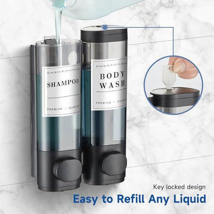 Shampoo and Conditioner Dispenser,Unisense Shower Soap Dispenser 2 Chamber No Drill Wall-Mounted Shampoo Dispenser for Shower Wall Mounted Shower Dispenser for Bathroom Hotel Large Capacity,Black