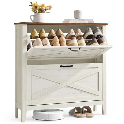 VASAGLE LIRY Collection - Shoe Storage Cabinet Organizer with 2 Flip Drawers, Freestanding Narrow Shoe Rack Cabinet for Entryway, Farmhouse Style, Fits 12 to 16 Pairs, Rustic White UHSC201W01