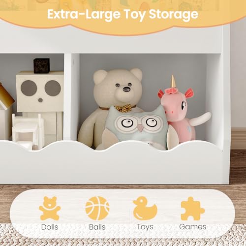 Kids Bookshelf and Toy Storage, Children's Bookcase with 2 Toy Cubes, Toddler Book Shelf for Kids Room, Wooden Book Organizer, for Playroom, Nursery, Living Room, White MCW15WB