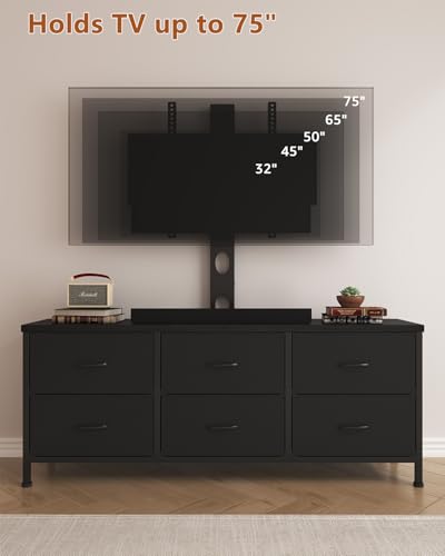 TV Stand with Mount, Fabric Dresser with 6 Drawers for 32/45/55/60/65/75 inch TVs, Black Dresser Entertainment Center, Modern Media TV Console Table