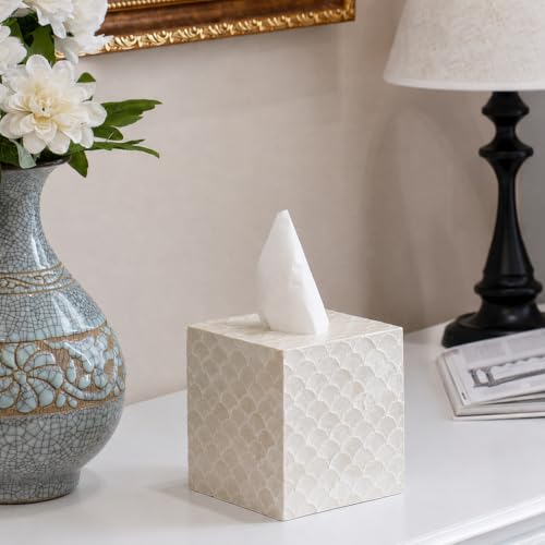 5.9" Capiz Shell Tissue Box Cover for Kleenex and More, Square Decorative Holder with Bottom Slider, Handmade Bathroom Accessory Coastal Décor (Natural)