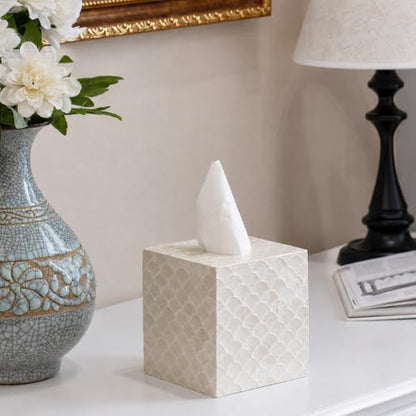 5.9" Capiz Shell Tissue Box Cover for Kleenex and More, Square Decorative Holder with Bottom Slider, Handmade Bathroom Accessory Coastal Décor (Natural)