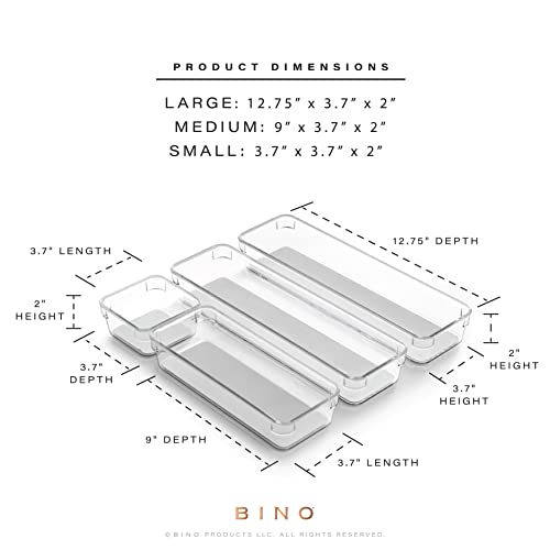 BINO | 4-Piece Drawer Organizer Bin Set - Grey, Small | THE MODULAR+ | Multi-Purpose Storage | Soft-Grip Lining and Non-Slip Rubber Feet | Durable | BPA-Free | Desk Drawer Organizer | Vanity