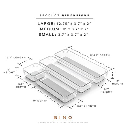 BINO | 4-Piece Drawer Organizer Bin Set - Grey, Small | THE MODULAR+ | Multi-Purpose Storage | Soft-Grip Lining and Non-Slip Rubber Feet | Durable | BPA-Free | Desk Drawer Organizer | Vanity