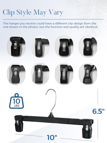 Smartor Black Pants Hangers 30 Pack, Plastic Hangers with Clips, 10 Inch | Compact Skirt Hangers for Dorms, Small Closets and Folded Pants; Non-Slip Clips and Swivel Hooks Save Vertical Space