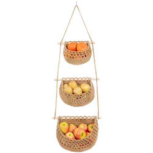 Cotton Hanging Fruit Basket,3 Tier Woven wall Bask... (Brown | Cotton)