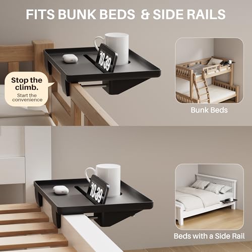 JOYMOOP Clip-On Bedside Shelf for Bunk Beds, Dorm Room Essentials, Bedside Caddy, No-Tool Install Bed Side Table Storage for Loft, Platform Beds, Nightstand Caddy for Phone, Glasses, Book, Black