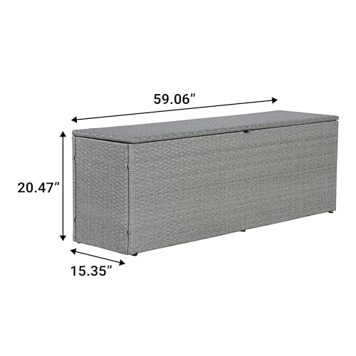 happimess Nino 59.06" Outdoor Faux Wicker Deck and Patio Storage Box, Gray | Modern Minimalist Design, Water-Resistant, Steel Frame, Lockable Lid, Soft-Close Gas Spring, Cushion and Tool Organizer