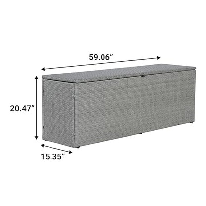 happimess Nino 59.06" Outdoor Faux Wicker Deck and Patio Storage Box, Gray | Modern Minimalist Design, Water-Resistant, Steel Frame, Lockable Lid, Soft-Close Gas Spring, Cushion and Tool Organizer