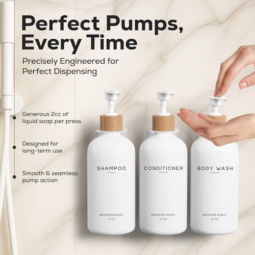 White Shampoo and Conditioner Dispenser Set Wall Mounted by Brighter Barns - Shower Dispenser 3 Chamber No Drill - Refillable Shampoo and Conditioner Bottles for Shower Wall in Airbnb, Hotel (White)