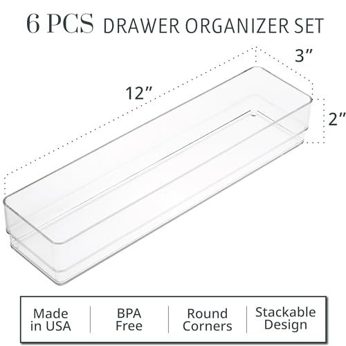 STORi SimpleSort 6-Piece Stackable Clear Drawer Organizer Set | 12" x 3" x 2" Rectangle Trays | Narrow Makeup Vanity Storage Bins and Office Desk Drawer Dividers | Made in USA