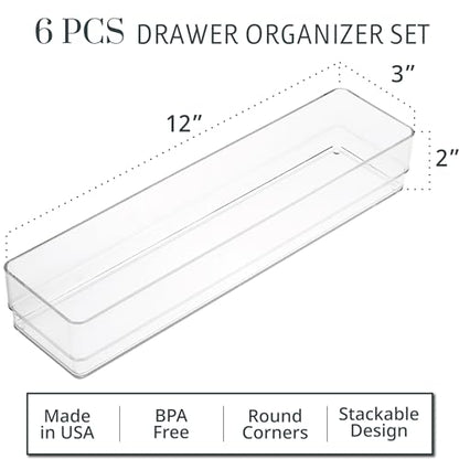 STORi SimpleSort 6-Piece Stackable Clear Drawer Organizer Set | 12" x 3" x 2" Rectangle Trays | Narrow Makeup Vanity Storage Bins and Office Desk Drawer Dividers | Made in USA