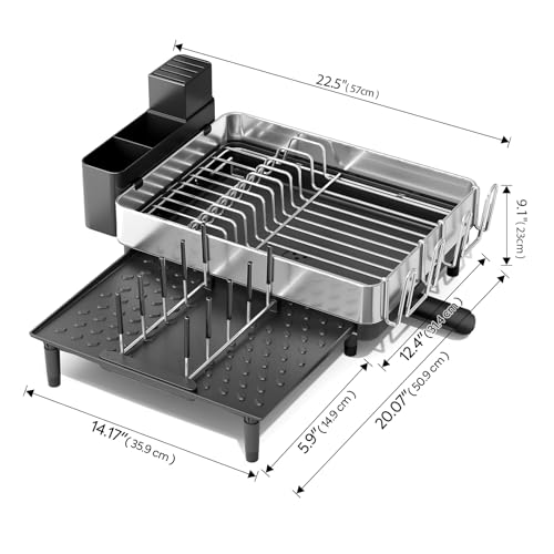 Urackify Expandable Dish Drying Rack, Stainless Steel, Large Capacity | Multifunctional Drainboard for Kitchen Countertop, Removable Cutlery Tray, Foldable Cup Holder, 20.4"L x 20"W, Silver