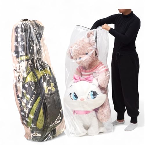 2 PCs/pack Drawstring Plastic Dust Cover Bags,Transparent Storage Bags with multi-purpose for Home Organization, suitable for luggage, blanket, big doll, duvet and reusable (Golf Bag & Mattress Bag)