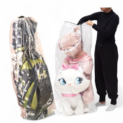 2 PCs/pack Drawstring Plastic Dust Cover Bags,Transparent Storage Bags with multi-purpose for Home Organization, suitable for luggage, blanket, big doll, duvet and reusable (Golf Bag & Mattress Bag)