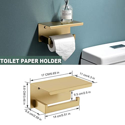 Brushed Gold Bathroom Towel Bar Holder Sets Premium Stainless Steel 4-Piece Bathroom Hardware Set Wall Mounted Bathroom Toilet Paper Holder with Shelf Set.